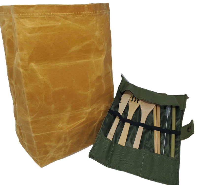 ECO/EGO American made ECO/EGO all in one Canvas Lunch Bag Set. 1 heavy duty waterproof waxed canvas lunch bag/ 1 bamboo cutlery set with travel pouch - Image 1